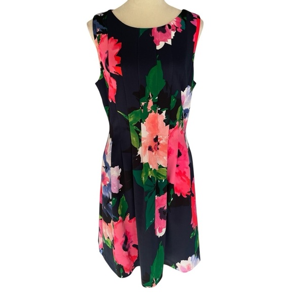 Vince Camuto Floral Flutter Pleated Fit & Flare Navy Pink Dress Women Size 14 - Picture 1 of 8